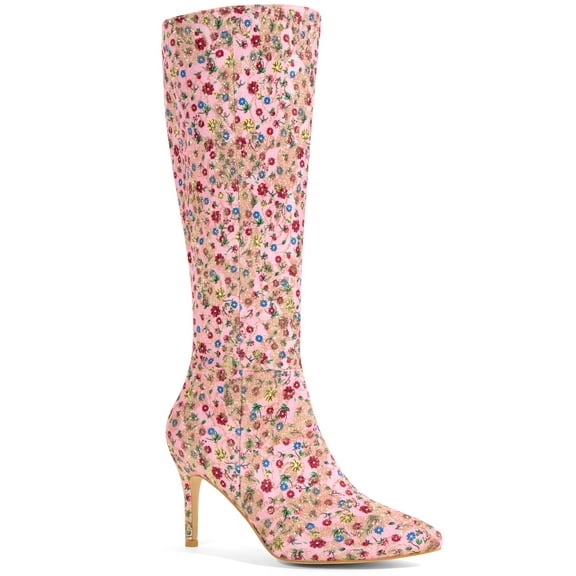 BLISSFUL STEP Women's Boots Sparkle Glitter Floral Knee High Stiletto Pointed Toe Boots Pink Floral 8