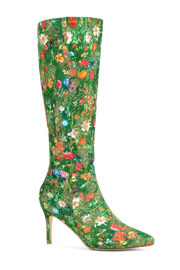 Women's Boots Sparkle Glitter Floral Knee High Stiletto Pointed Toe Boots Green Floral 8