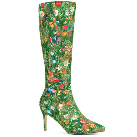 BLISSFUL STEP Women's Boots Sparkle Glitter Floral Knee High Stiletto Pointed Toe Boots Green Floral 6
