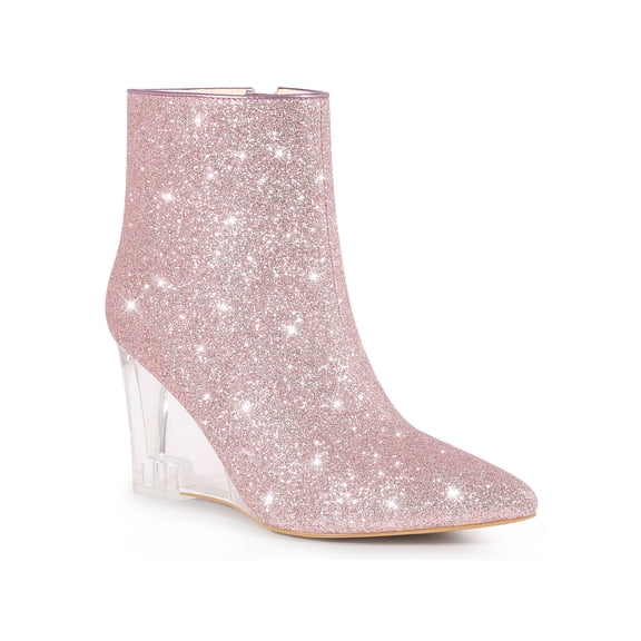 BLISSFUL STEP Women's Sparkly Glitter Pointed Toe Clear Wedge Ankle Boots Pink 7