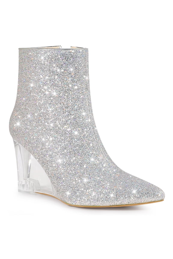 Women's Sparkly Glitter Pointed Toe Clear Wedge Ankle Boots Silver 10