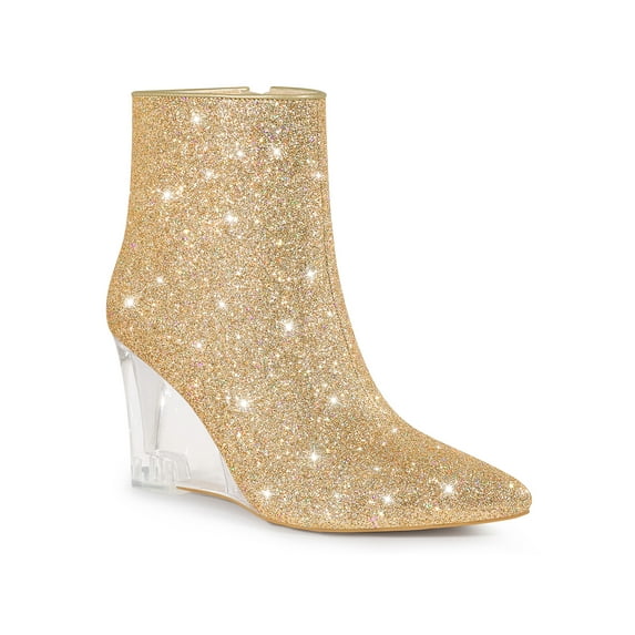 BLISSFUL STEP Women's Sparkly Glitter Pointed Toe Clear Wedge Ankle Boots Gold 10