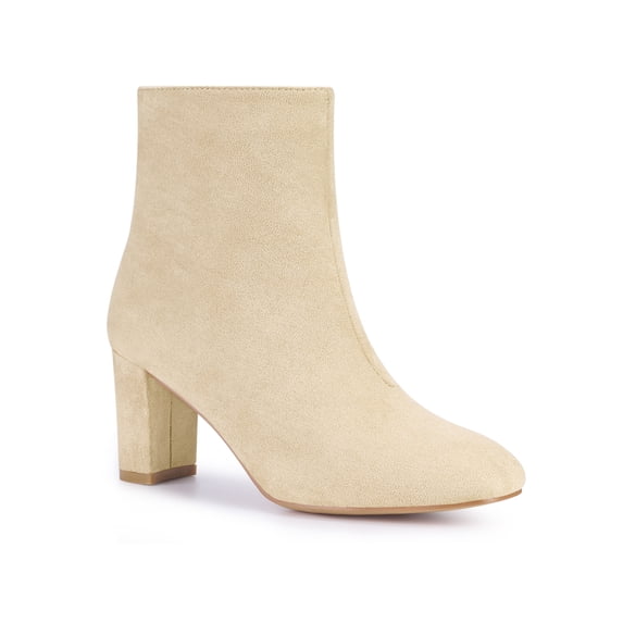 BLISSFUL STEP Square Toe Block Heel Ankle Boots for Women Beige 8