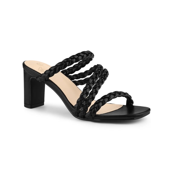 BLISSFUL STEP Square Toe Braided Block Heels Sandals for Women Black (Size 8.5)