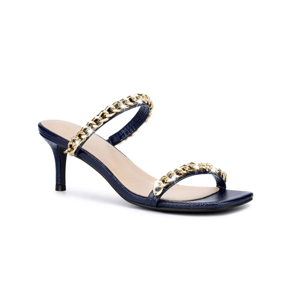 BLISSFUL STEP Square Toe Chain Stiletto Heels Slide Sandals for Women Navy Blue (Size 7)