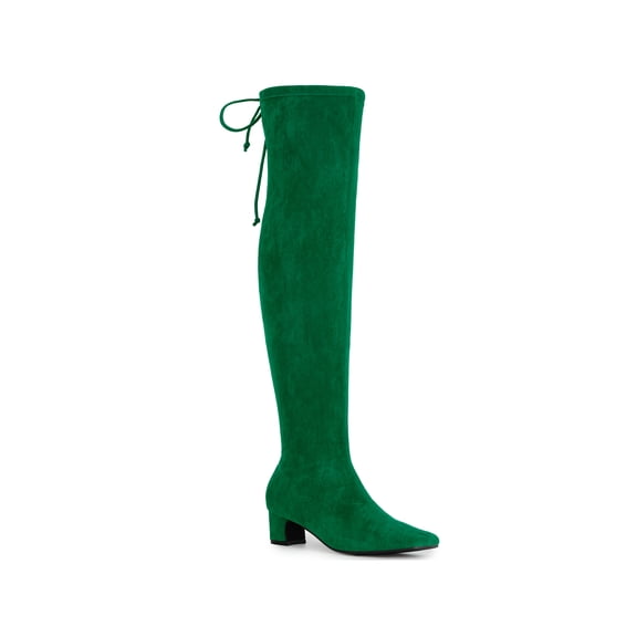 BLISSFUL STEP Women's Boot Faux Suede Thigh High Chunky Heel Square Toe Back Lace Up Side Zipper Boots Green 7.5