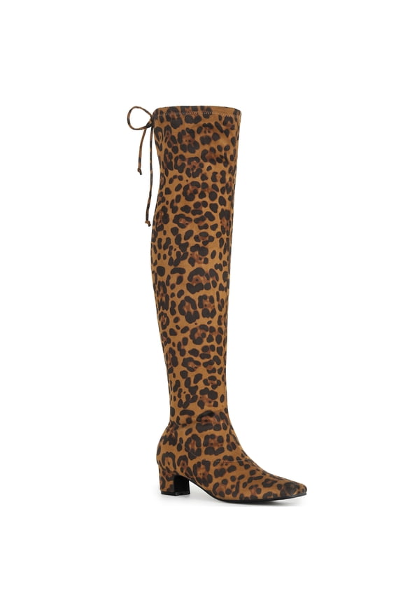 Women's Boot Faux Suede Thigh High Chunky Heel Square Toe Back Lace Up Side Zipper Boots Leopard 7.5
