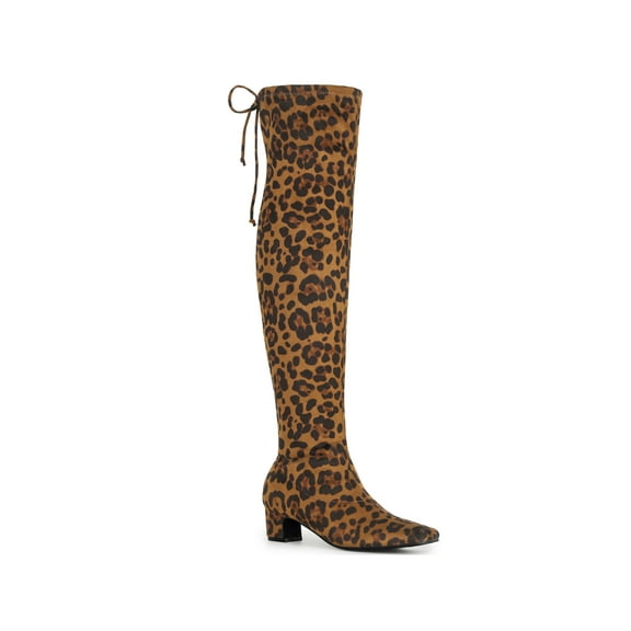BLISSFUL STEP Women's Boot Faux Suede Thigh High Chunky Heel Square Toe Back Lace Up Side Zipper Boots Leopard 7.5