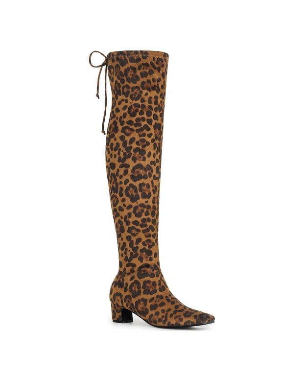 Women's Boot Faux Suede Thigh High Chunky Heel Square Toe Back Lace Up Side Zipper Boots Leopard 7.5