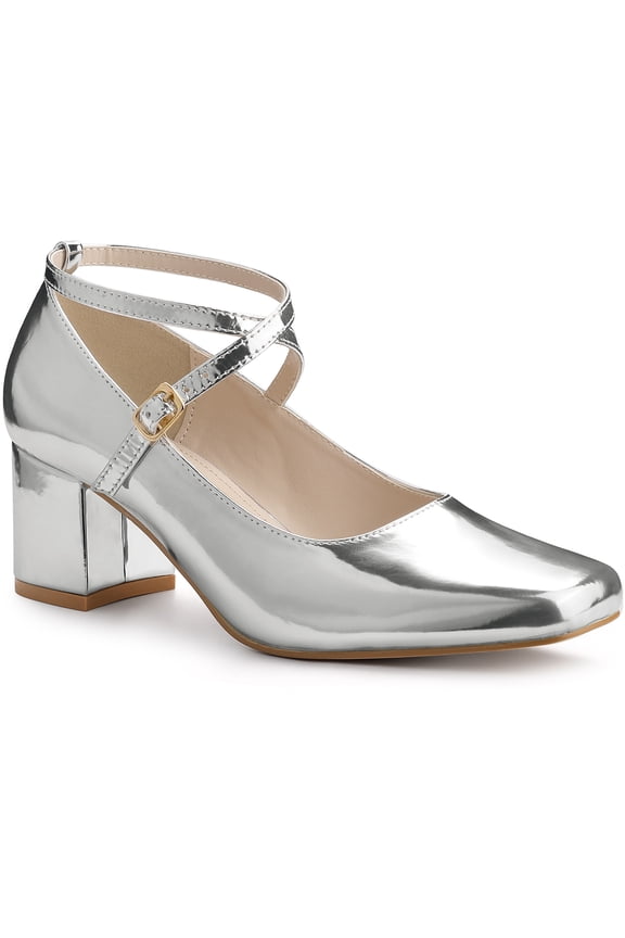 Square Toe Crisscross Strap Block Heel Pumps for Women
