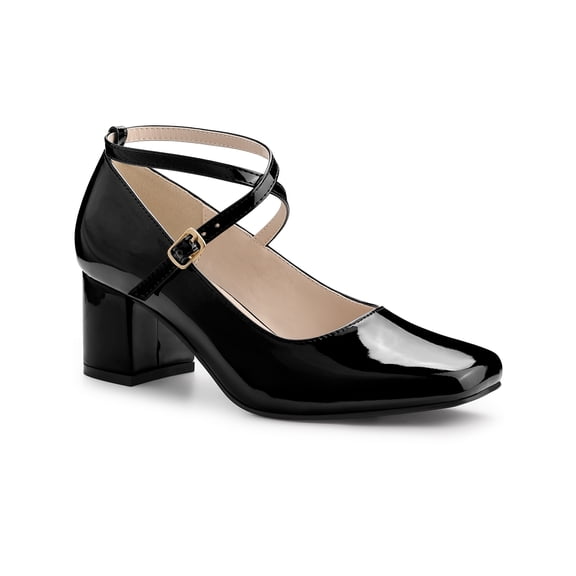 BLISSFUL STEP Square Toe Crisscross Strap Block Heel Pumps for Women