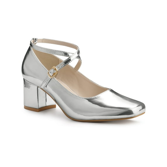 BLISSFUL STEP Square Toe Crisscross Strap Block Heel Pumps for Women