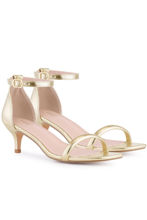 Women's Shoes Metallic Ankle Strap Kitten Heel Square Toe Sandals Gold 10