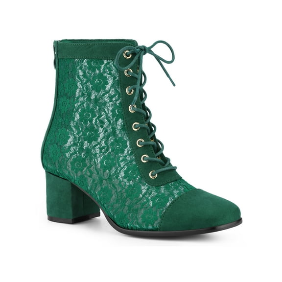 BLISSFUL STEP Women's Ankle Boots Floral Lace Square Toe Lace Zip Block Heel  Green 6.5