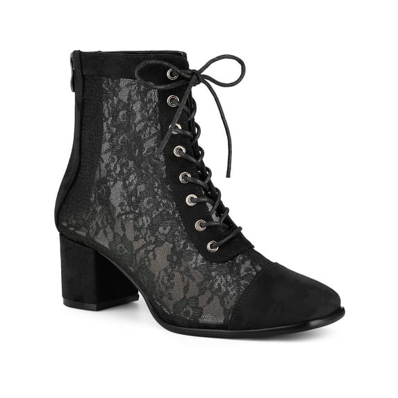 BLISSFUL STEP Women's Ankle Boots Floral Lace Square Toe Lace Zip Block Heel Black 6.5