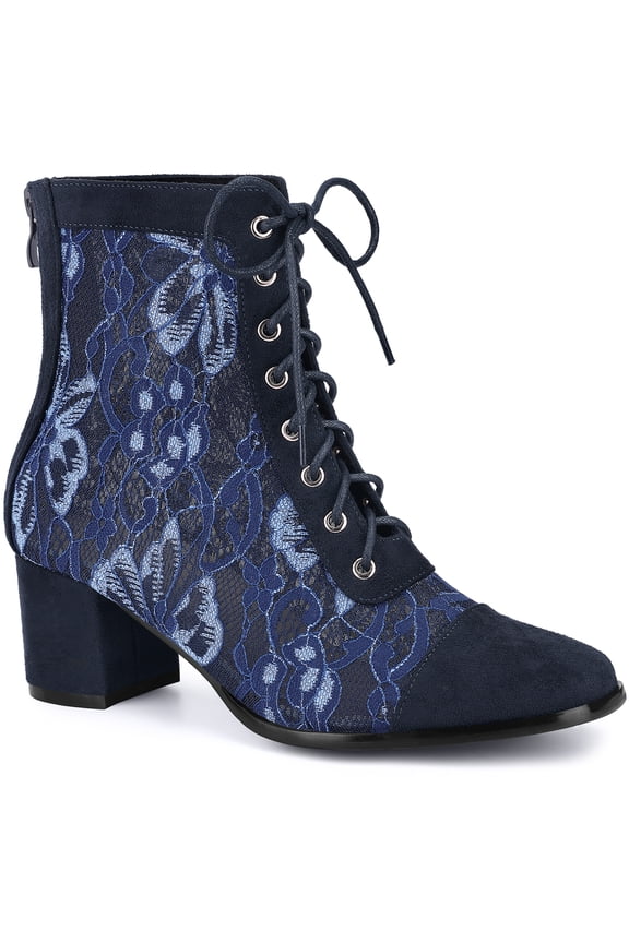 Women's Ankle Boots Floral Lace Square Toe Lace Zip Block Heel  Dark Blue 8