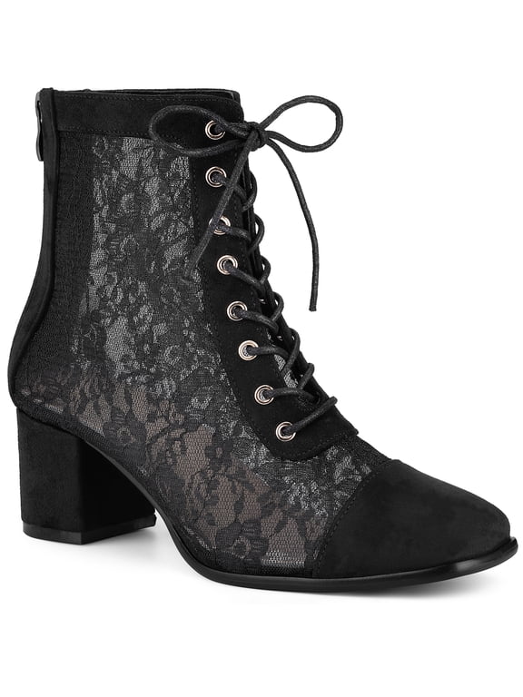 Women's Ankle Boots Floral Lace Square Toe Lace Zip Block Heel Black 8