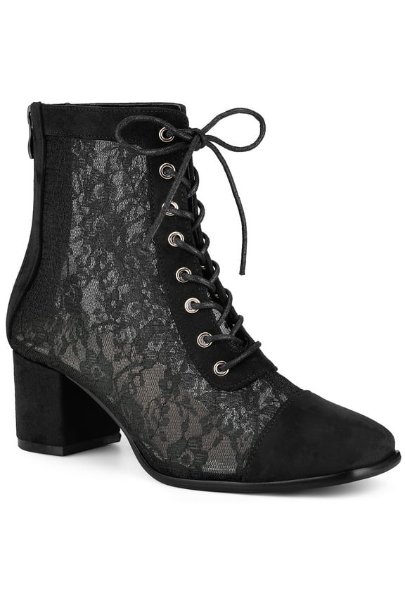 Women's Ankle Boots Floral Lace Square Toe Lace Zip Block Heel Black 8