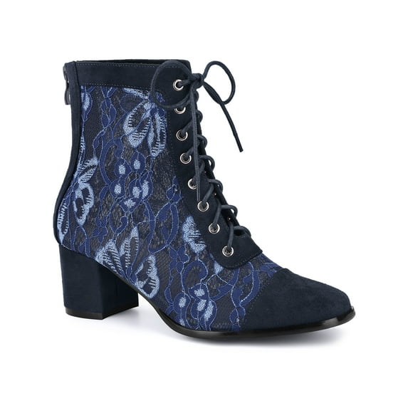 BLISSFUL STEP Women's Ankle Boots Floral Lace Square Toe Lace Zip Block Heel Dark Blue 9.5