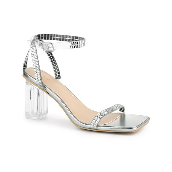 BLISSFUL STEP Square Toe Rhinestone Strap Clear Heel Block Heels Sandals for Women Silver (Size 8)