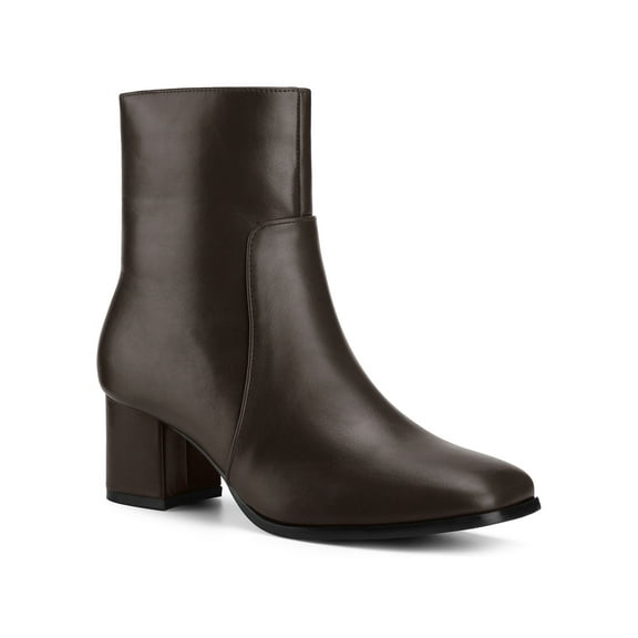 BLISSFUL STEP Women's Ankle Boots Chunky Heel Square Toe Side Zip Faux Leather Booties Coffee 8