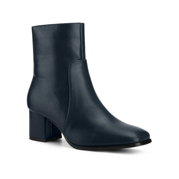 BLISSFUL STEP Women's Ankle Boots Chunky Heel Square Toe Side Zip Faux Leather Booties Navy Blue 9.5