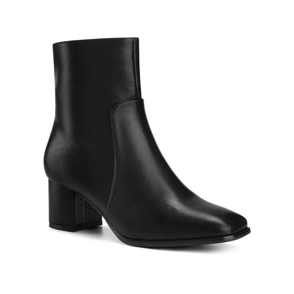 BLISSFUL STEP Women's Ankle Boots Chunky Heel Square Toe Side Zip Faux Leather Booties Black 8