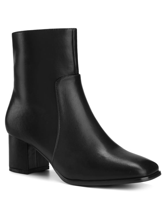 Women's Ankle Boots Chunky Heel Square Toe Side Zip Faux Leather Booties Black 8