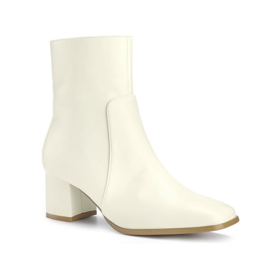 BLISSFUL STEP Women's Ankle Boots Chunky Heel Square Toe Side Zip Faux Leather Booties Cream 9.5