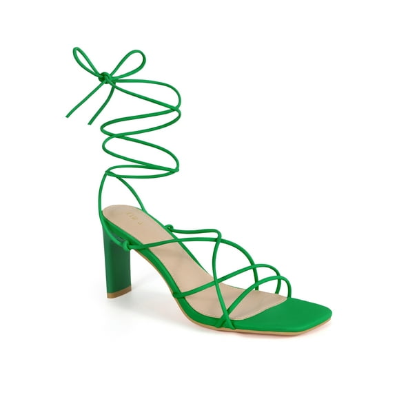 BLISSFUL STEP Square Toe Strappy Lace Up Block Heel Sandals for Women Light Green 10