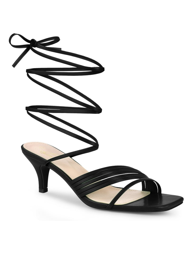 BLISSFUL STEP Square Toe Strappy Lace Up Kitten Heels Sandals for