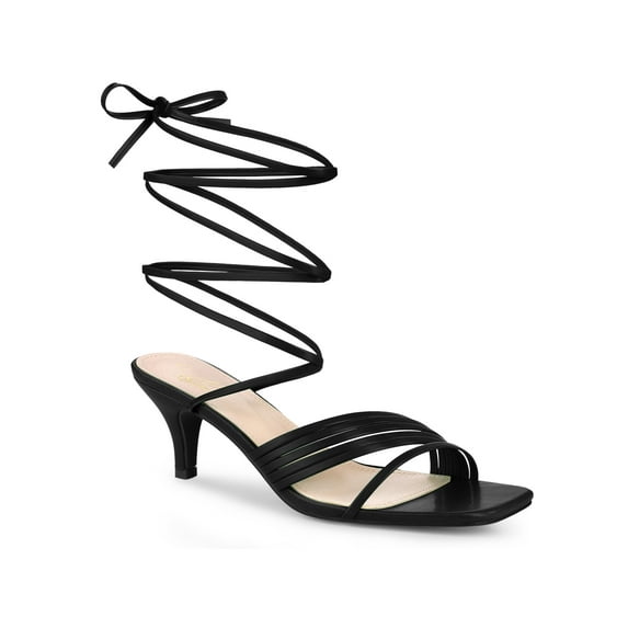 BLISSFUL STEP Square Toe Strappy Lace Up Kitten Heels Sandals for Women