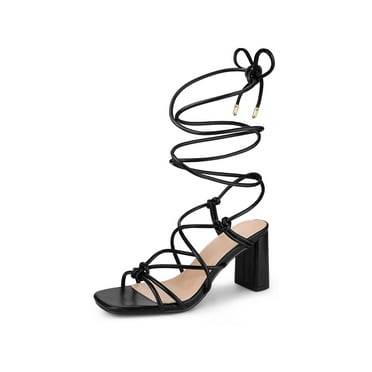 BLISSFUL STEP Square Toe Strappy Lace Up Slingback Block Heel Sandals for Women Black (Size 6)