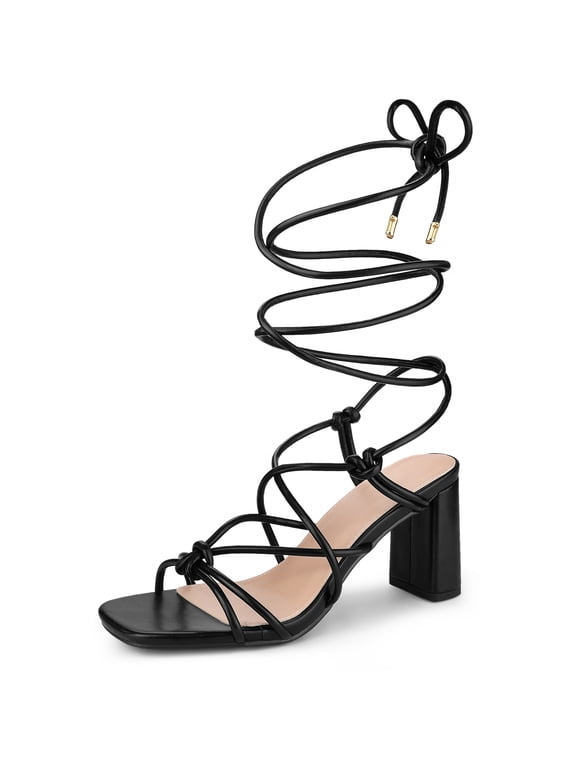 Square Toe Strappy Lace Up Slingback Block Heel Sandals for Women Black 9