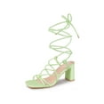 thumbnail image 1 of BLISSFUL STEP Square Toe Strappy Lace Up Slingback Block Heel Sandals for Women Mint Green 6, 1 of 5
