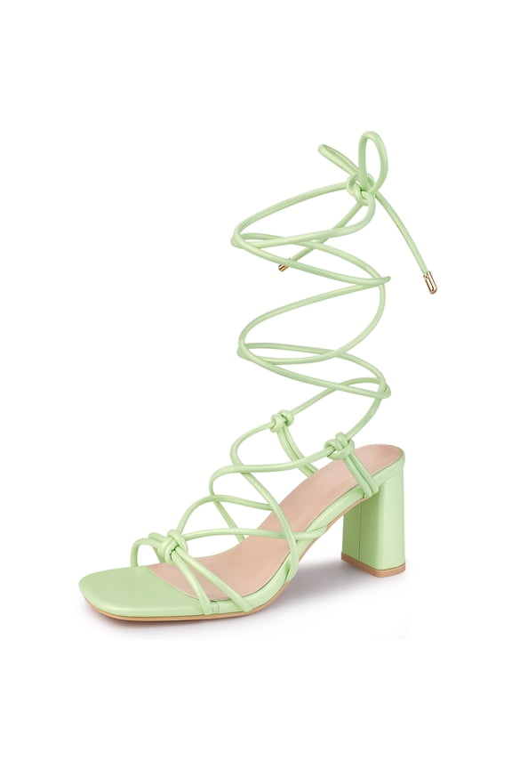Square Toe Strappy Lace Up Slingback Block Heel Sandals for Women Mint Green 9