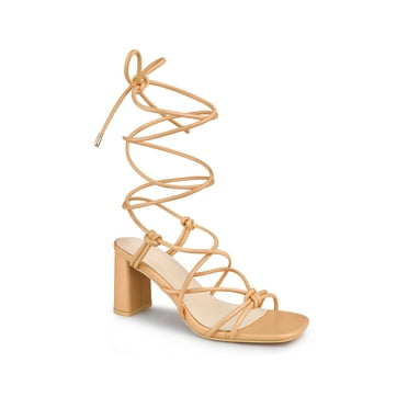 Perphy Square Toe Strappy Lace Up Slingback Block Heel Sandals for Women Nude (Size 7)