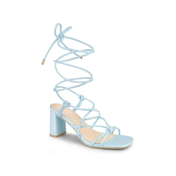 BLISSFUL STEP Square Toe Strappy Lace Up Slingback Block Heel Sandals for Women Sky Blue 8
