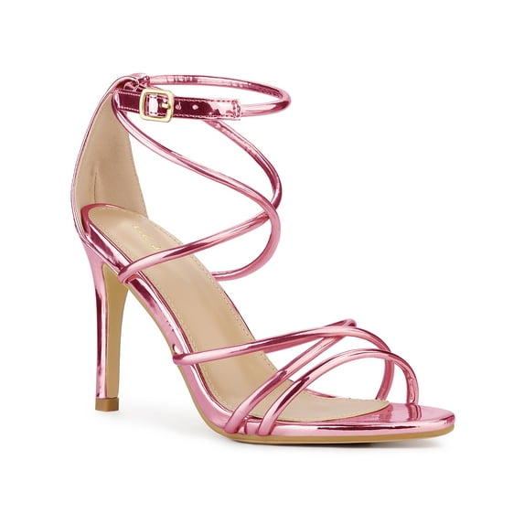 BLISSFUL STEP Stiletto Heel Strappy Straps Open Toe Sandals for Women Pink 7