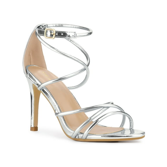 BLISSFUL STEP Stiletto Heel Strappy Straps Open Toe Sandals for Women Silver 7