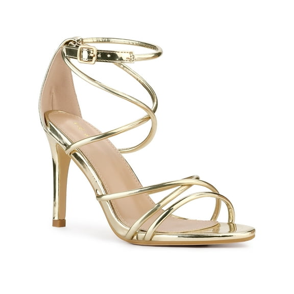 BLISSFUL STEP Stiletto Heel Strappy Straps Open Toe Sandals for Women Gold 7