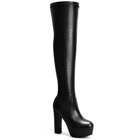 BLISSFUL STEP Stone Pattern Platform Block Heels Over the Knee High Boots for Women Black 8