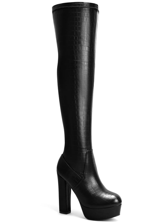Stone Pattern Platform Block Heels Over the Knee High Boots for Women Black 7