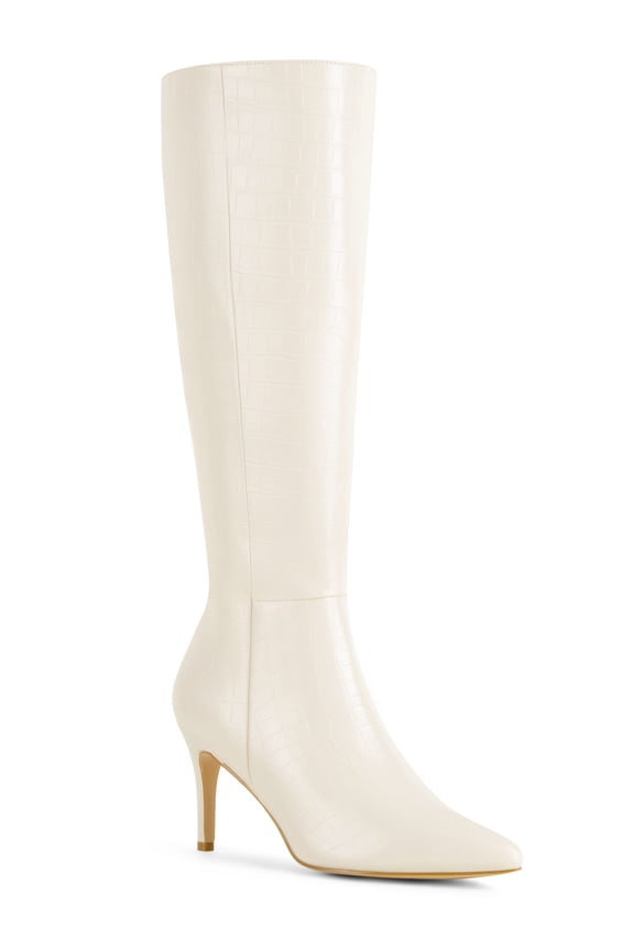 Women's Boots Stone Pattern Pointed Toe Stiletto Heel Knee High Boots Cream 9.5