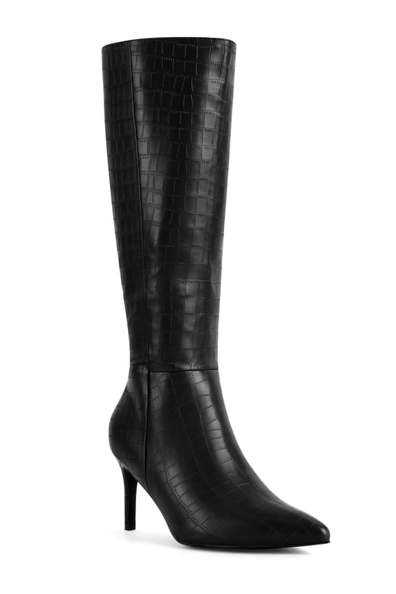Women's Boots Stone Pattern Pointed Toe Stiletto Heel Knee High Boots Black 9