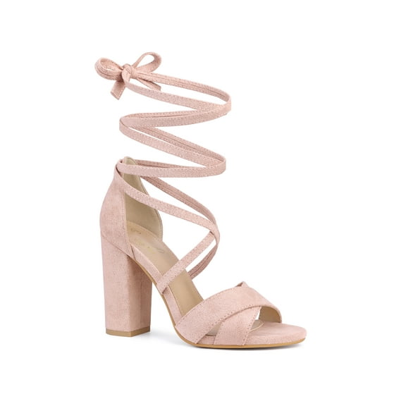 BLISSFUL STEP Strappy Block Heels Lace Up Sandals for Women Dust Pink 9
