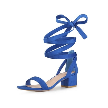 BLISSFUL STEP Strappy Heels Open Toe Block Heel Lace Up Sandals for Women Royal Royal Blue 9.5
