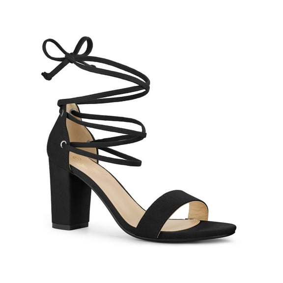 BLISSFUL STEP Strappy Lace Up Block High Heel Sandals for Women Black 7