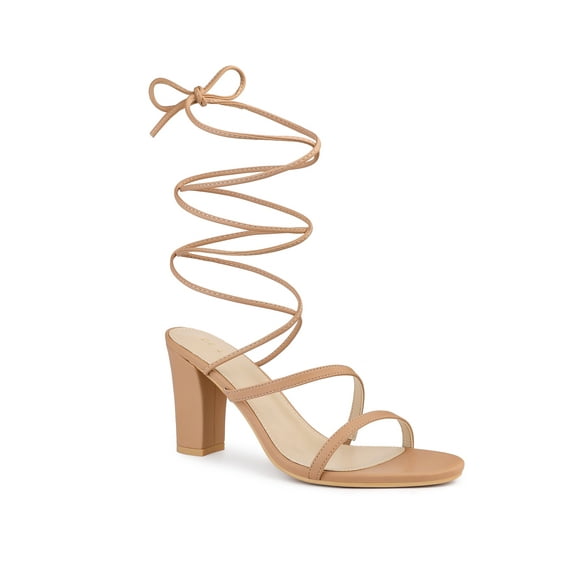 BLISSFUL STEP Strappy Lace Up Open Toe Block Heel Sandals for Women Nude 8.5