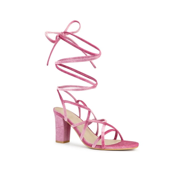 BLISSFUL STEP Strappy Lace Up Slingback Block Heels Sandal for Women Pink 7
